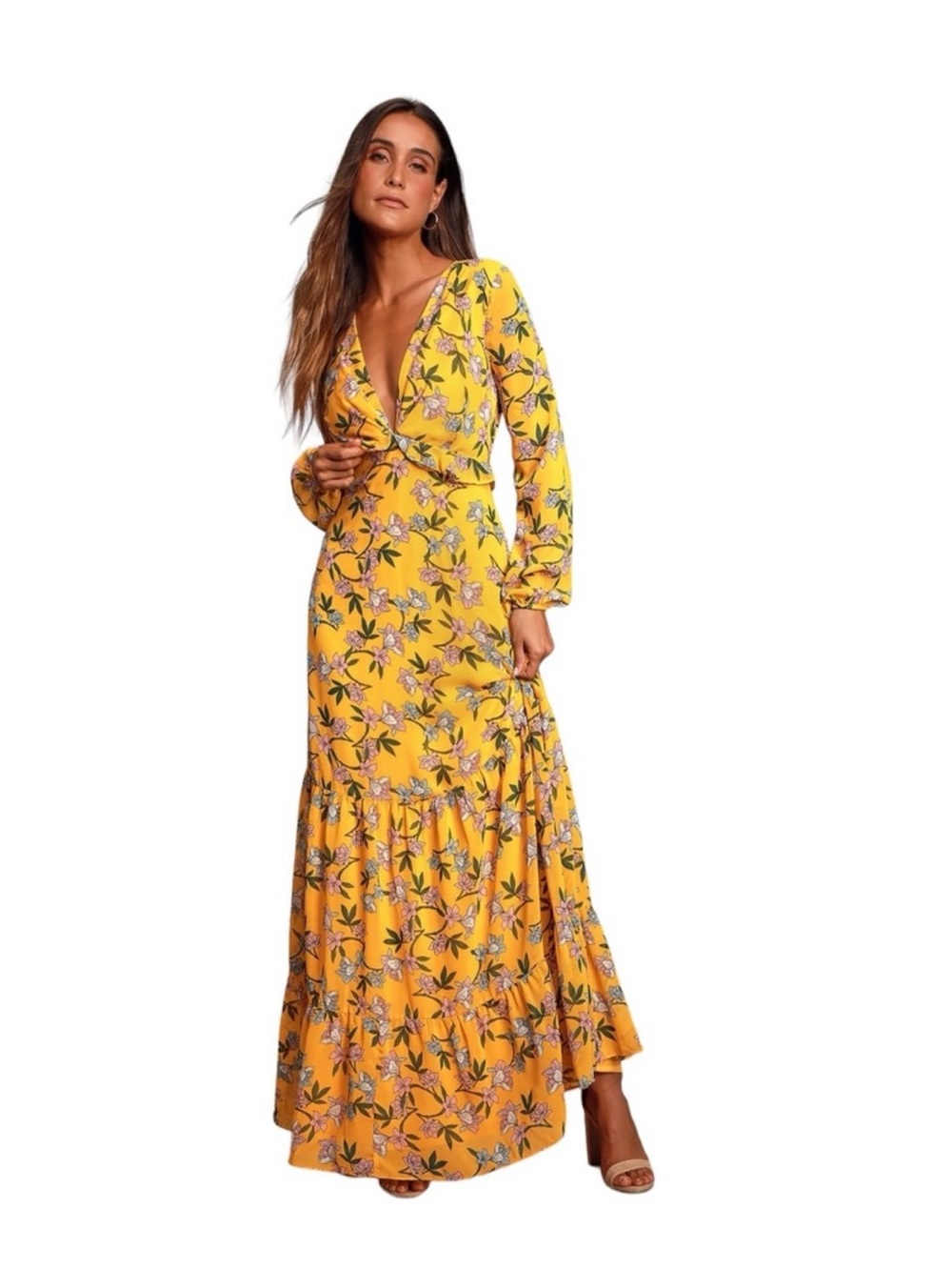 Yellow Floral Maxi Dress with Long Sleeves and Twist Front